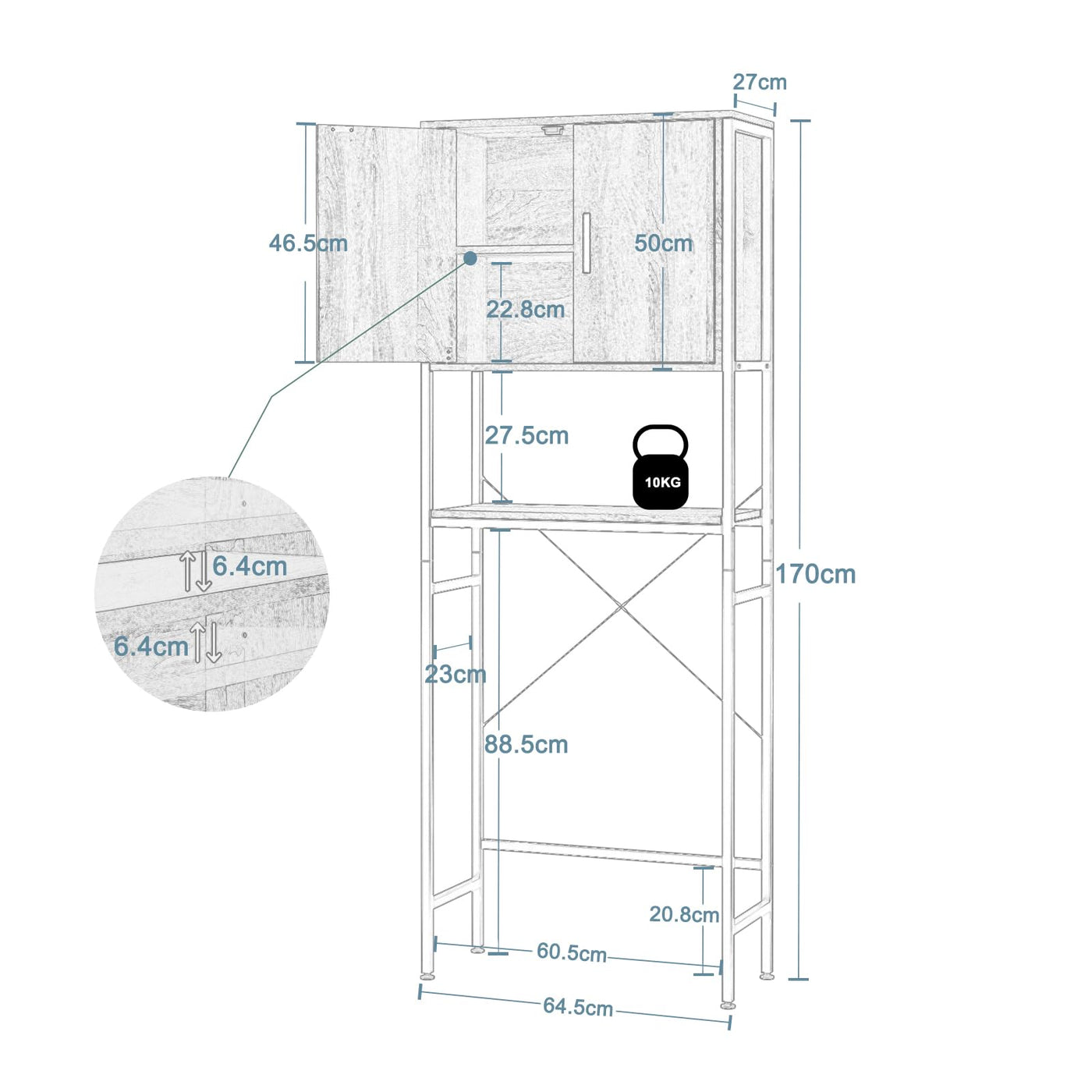 EUGAD Waschmaschinenschrank, Waschmaschinenregal Regal über Waschmaschine Toilette, Toilettenregal mit Schrank Verstellbarer Ablage, Badregal aus Holzwerkstoff Metall, 64,5x170x27 cm