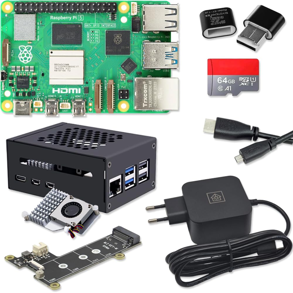 Raspberry Pi 5 8GB PCIe M.2 NVMe - Kit | Metallgehäuse | Active Cooler | M.2 NVMe SSD PCIe Board | USB-C 27W Netzteil | 64GB SD Karte | 4K Micro HDMI Kabel
