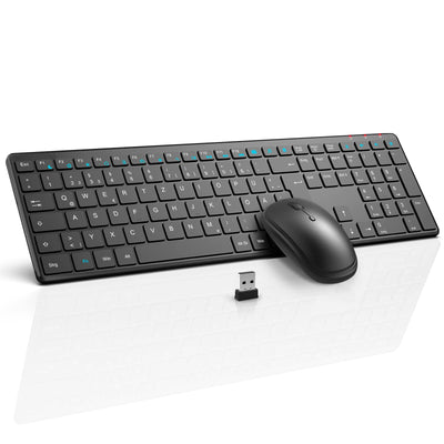 Tastatur Maus Set Kabellos, QCen 2,4GHz UltraDünn Kabellose Tastatur und Maus, Ergonomisch Funktastatur in Standardgröße mit 19 Sondertasten und einen Nummernblock, für PC, Laptop, Deutsches Layout
