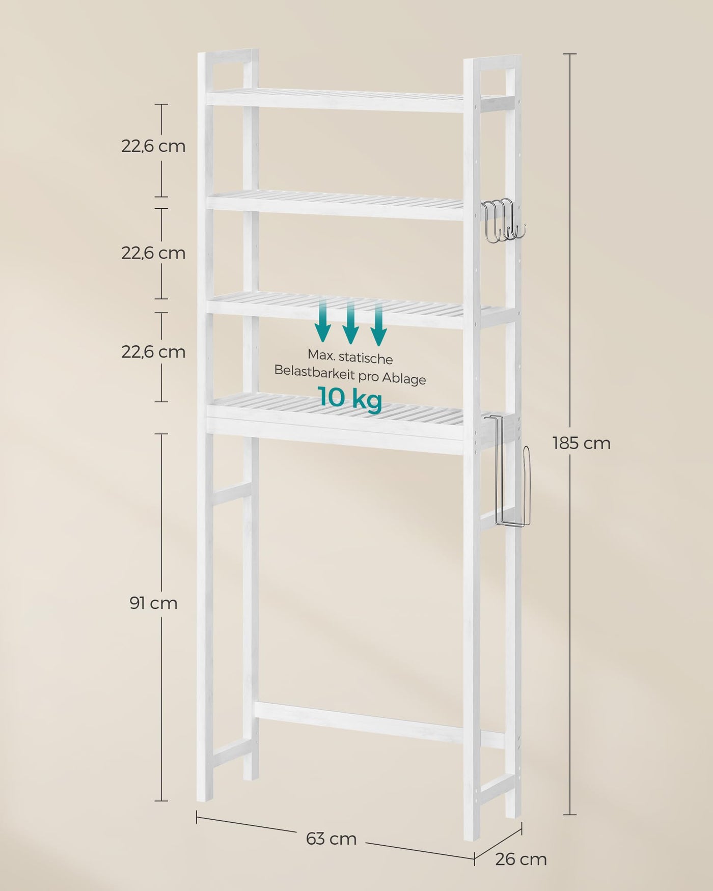 SONGMICS Toilettenregal, Badezimmerregal, 4-stöckiges Badregal, verstellbare Ablagen, platzsparend, geeignet für die meisten Toiletten, wolkenweiß BTS041W01
