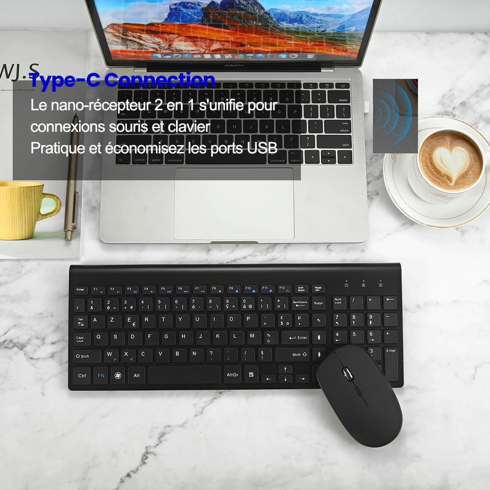 Kombination aus kabelloser Tastatur und Maus, USB C, Tastatur und Maus, volle Größe, Typ C, kompatibel mit Win 7/8/10, MacBook Pro/Air, Laptop, PC