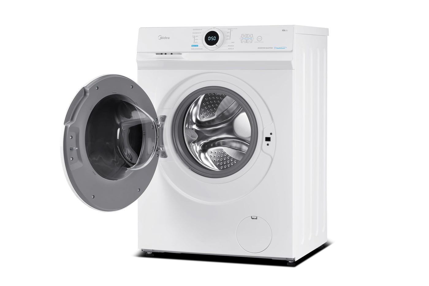 Midea MF10EW90B Waschmaschine / 9kg / 1400 U/Min/EEK A/Inverter Quattro Moto/Dampffunktion/Grosse Trommel/Nachlegefunktion/Kindersicherung/AquaStop, Weiß