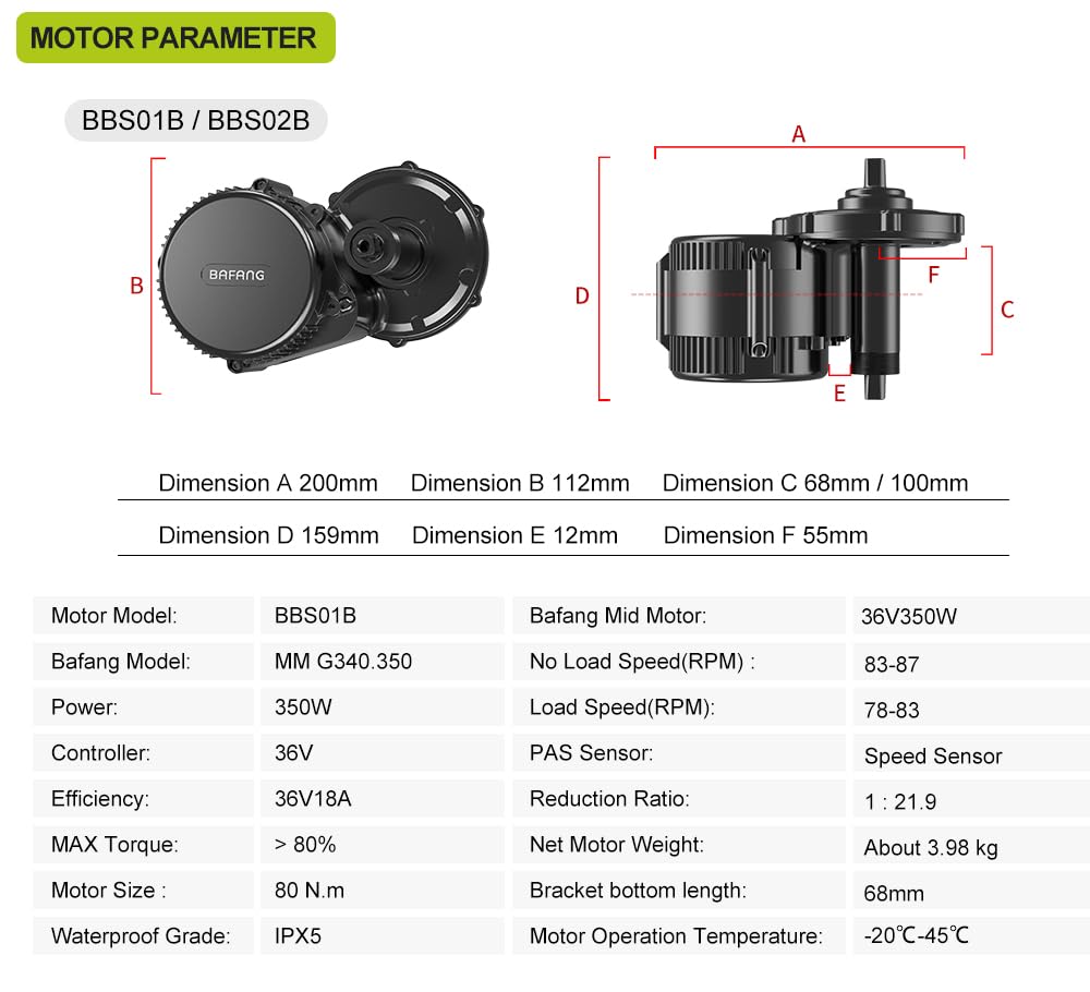 BAFANG 36V 350W Mittelmotor - BBS01B Mittelmotor-Kit mit Akku (optional) und LCD-Display für 68-73 mm Tretlager, 8fun BBS01 G340 Elektrofahrrad-Umrüstkit, DIY-E-Bike-Kit