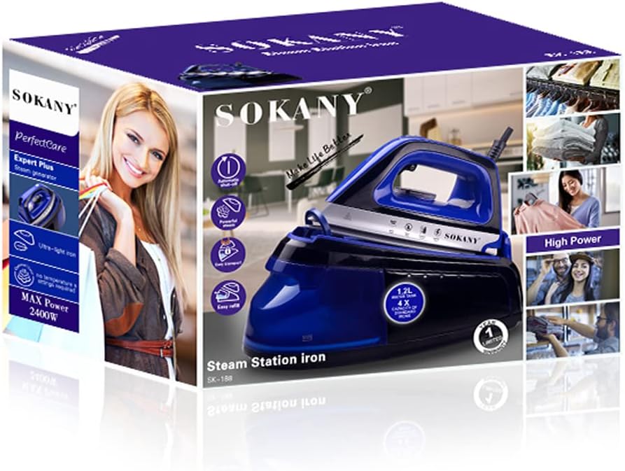 SOKANY SK-188 Anti-Kalk Dampfbügelstation, Keramiksohle Dampfbügeleisen, Leistungsstark 2400W, Wassertank 1,2L | Calc Clear-Technologie | Automatische Abschaltung