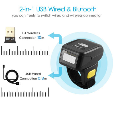 Tragbarer Ring 1D 2D QR-Barcode-Scanner, tragbarer drahtloser Finger-Mini-Barcode-Leser Kompatibel mit Windows, Mac OS, Android 4.0+, iOS-Unterstützung Scannen Sie QR PDF417 DataMatrix auf Bildschirm