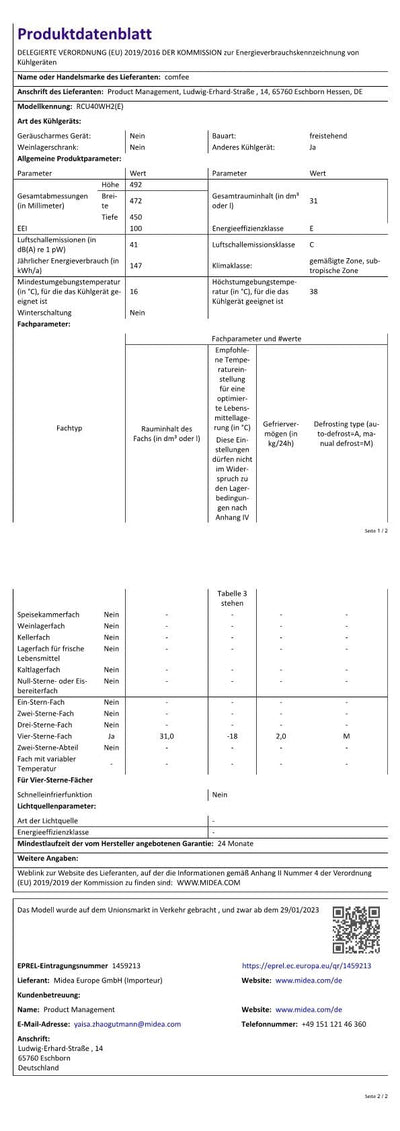 Comfee Freistehend, RCU40WH2(E) Mini Gefrierschrank/31L / 4-Sterne-Gefrierfach/Kompakte Größe/Reversibles Türscharnier/Verstellbare Standfüße / 147kWh/Jahr/Weiß