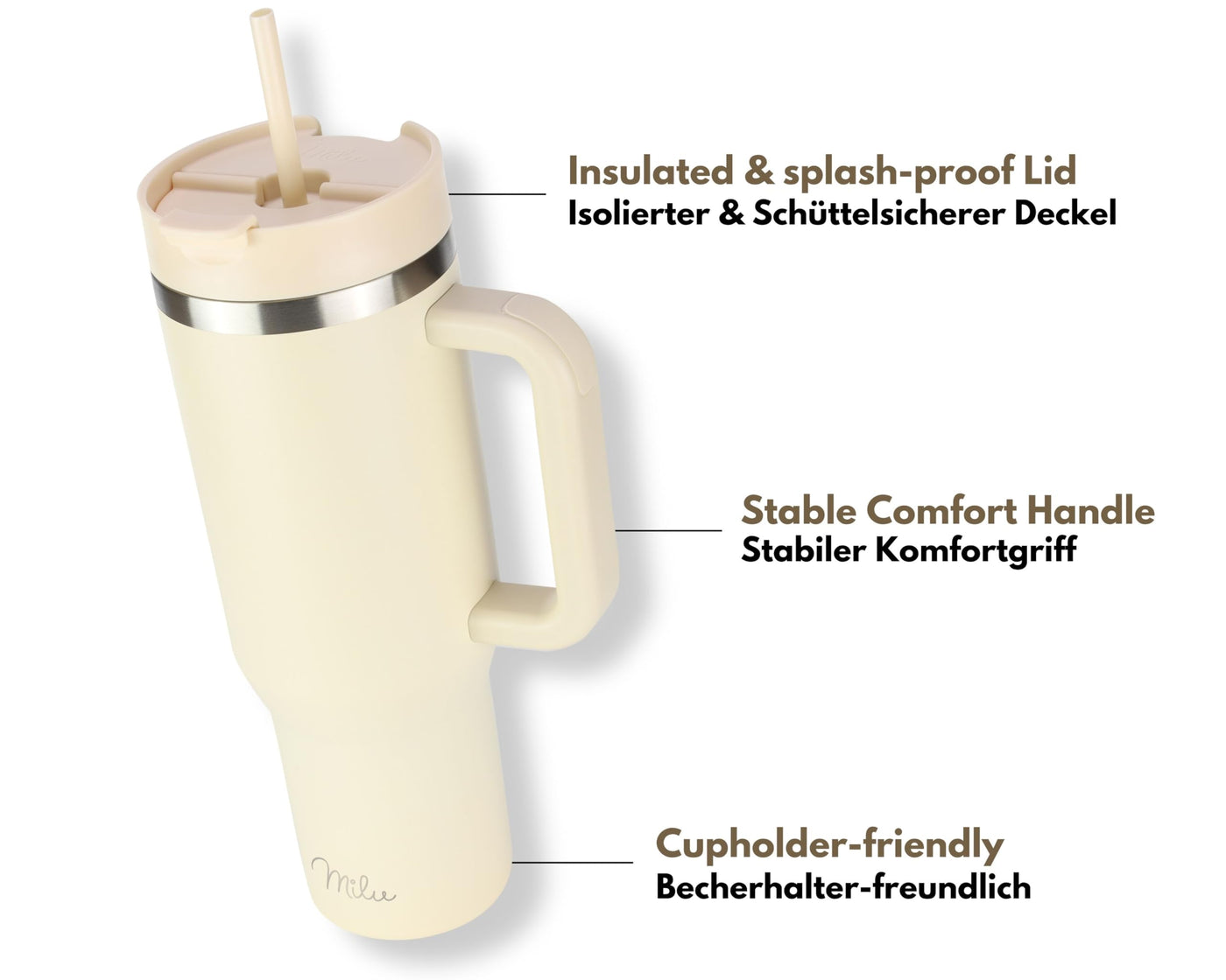 Milu Thermobecher 1200ml mit Strohhalm und Henkel – 48h Eis/24h kalt/12h heiß Edelstahl Tumbler 40oz mit Griff - Isolierbecher to go - Isolierflasche Trinkflasche doppelwandig isoliert (Beige, 1,2L)
