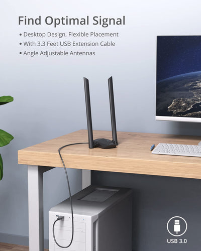 BrosTrend AX1800 High Gain WLAN Stick für PC, WiFi 6 Stick hohe Reichweite, DualBand 1201Mbit/s 5GHz + 574Mbit/s 2.4GHz, USB WLAN Adapter Langstrecken mit Zwei 5dBi-Antennen, NUR für Windows 10/11