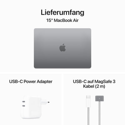 Apple 15" MacBook Air Laptop mit M3 Chip: 15,3" Liquid Retina Display, 16 GB gemeinsamer Arbeitsspeicher, 256 GB SSD Speicher, beleuchtete Tastatur, 1080p FaceTime HD Kamera, Touch ID, Space Grau