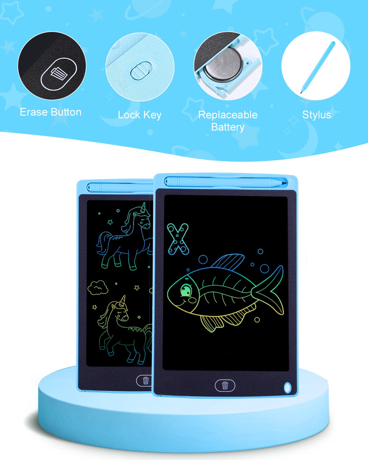 2 Packs LCD Schreibtafel für Kinder,Zaubertafel 8,5 Zoll, Bunter Bildschirm, Löschbarem Handschrift Block, Pädagogisches Spielzeug ab 2 3 4 Jahre Mädchen Jungen Geschenk Blau+Blau