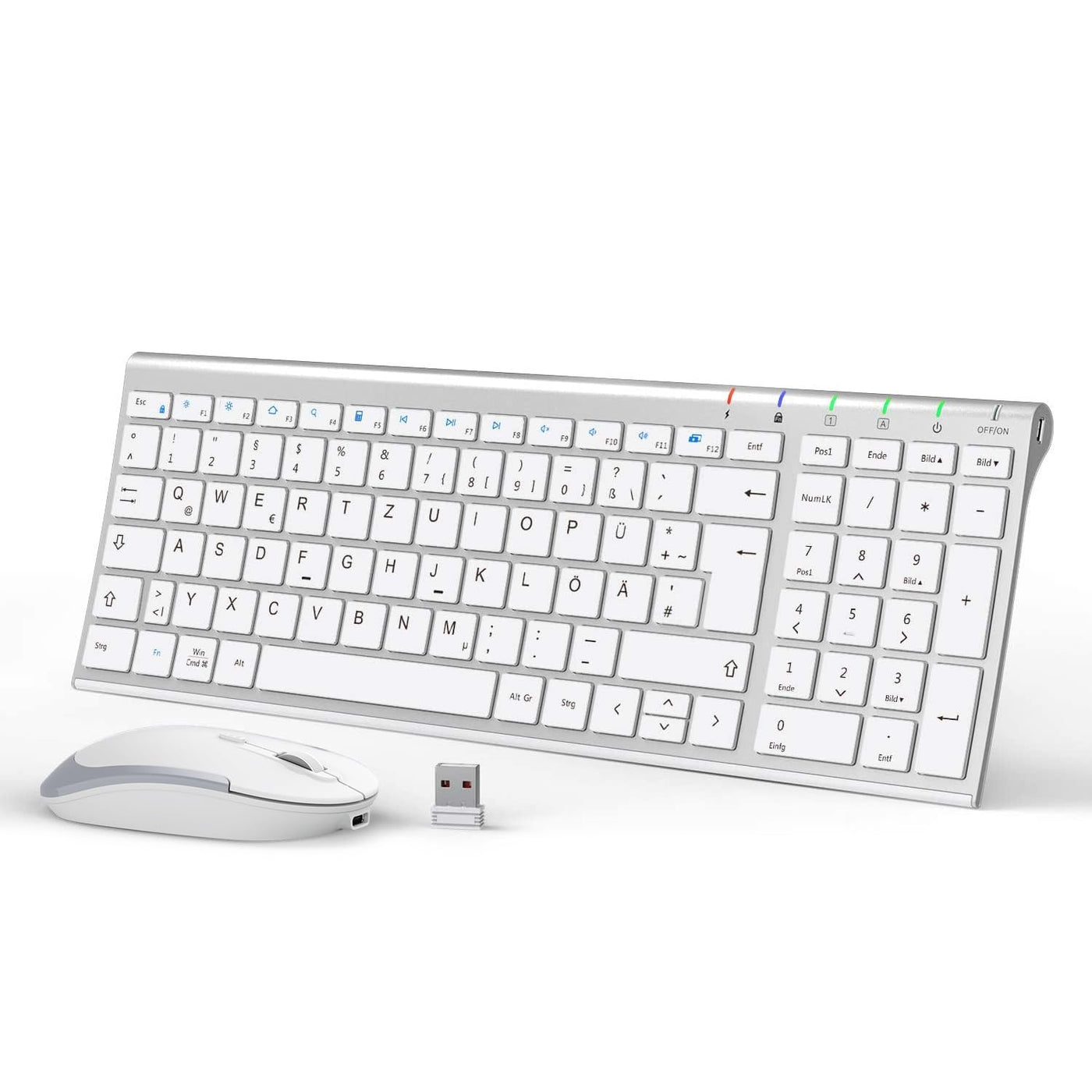iClever Kabellos Tastatur Maus Set, Wiederaufladbare Kabellose Tastatur und Maus, QWERTZ Layout (Deutsch), Ultra Thin für Computer/Desktop/PC/Laptop/Windows 10/8/7, Weiß und Silber