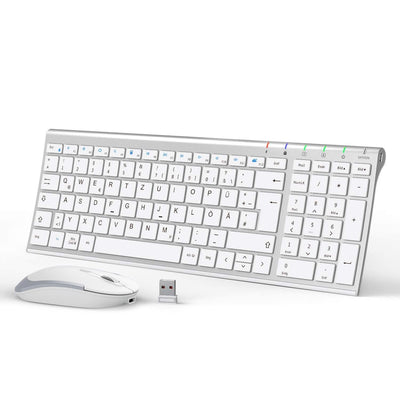 iClever Kabellos Tastatur Maus Set, Wiederaufladbare Kabellose Tastatur und Maus, QWERTZ Layout (Deutsch), Ultra Thin für Computer/Desktop/PC/Laptop/Windows 10/8/7, Weiß und Silber