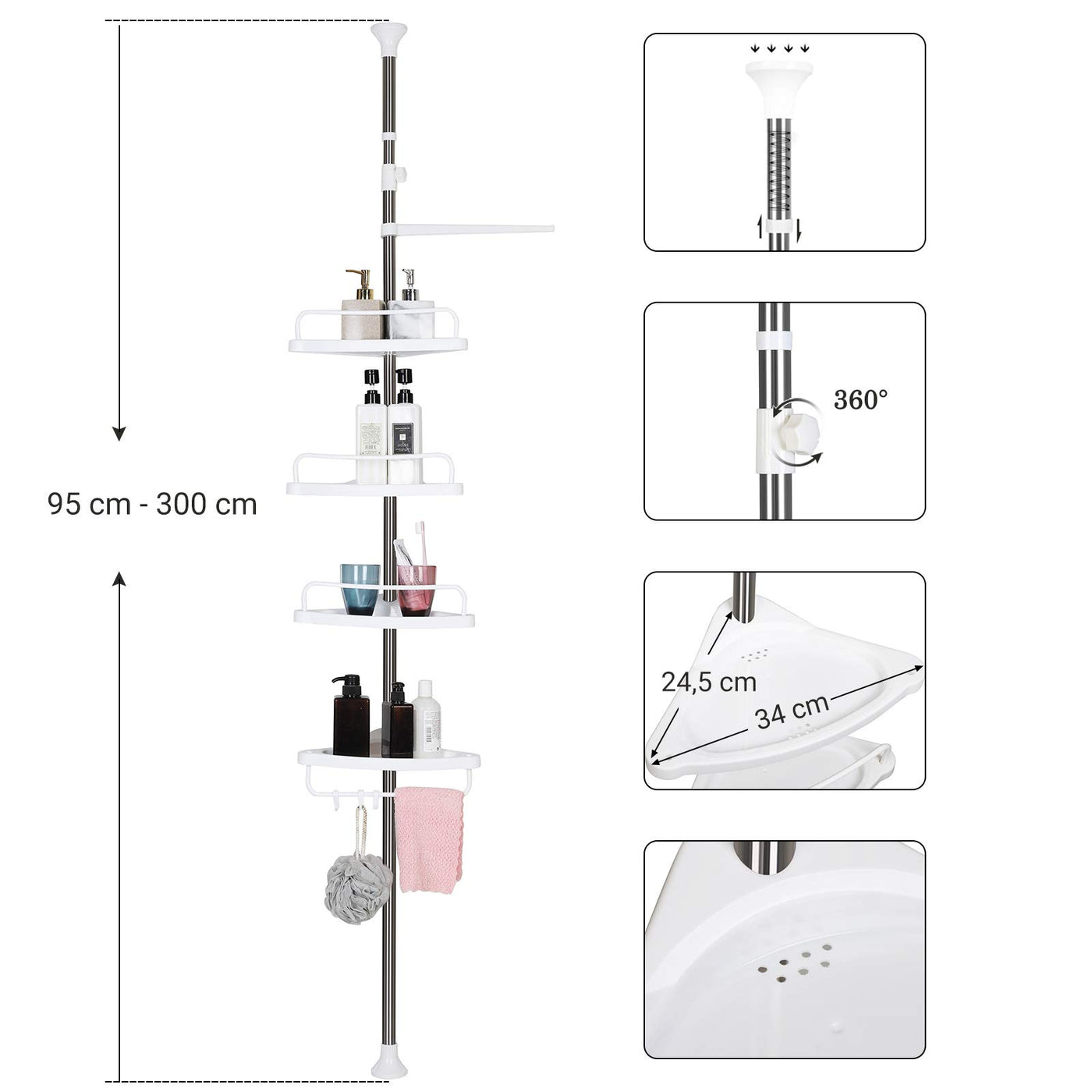SONGMICS Duschregal höhenverstellbar, Eckregal fürs Badezimmer, Badregal, 95-300 cm, Boden bis Decke, Edelstahl, 4 Ablagen, 3 Haken, 1 Handtuchhalter, weiß-silbern BCB02SW