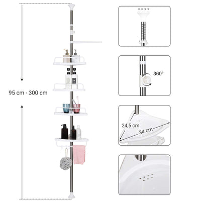 SONGMICS Duschregal höhenverstellbar, Eckregal fürs Badezimmer, Badregal, 95-300 cm, Boden bis Decke, Edelstahl, 4 Ablagen, 3 Haken, 1 Handtuchhalter, weiß-silbern BCB02SW