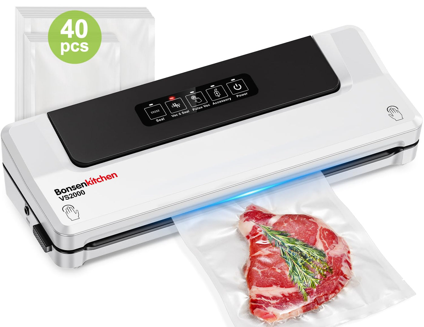 Bonsenkitchen Vakuumiergerät, Vakuumierer für kontinuierliches Arbeiten mit hoher Geschwindigkeit, Folienschweißgerät für Lebensmittel, inkl. 40 Vakuumier-Beutel und Schlauch (Weiß)