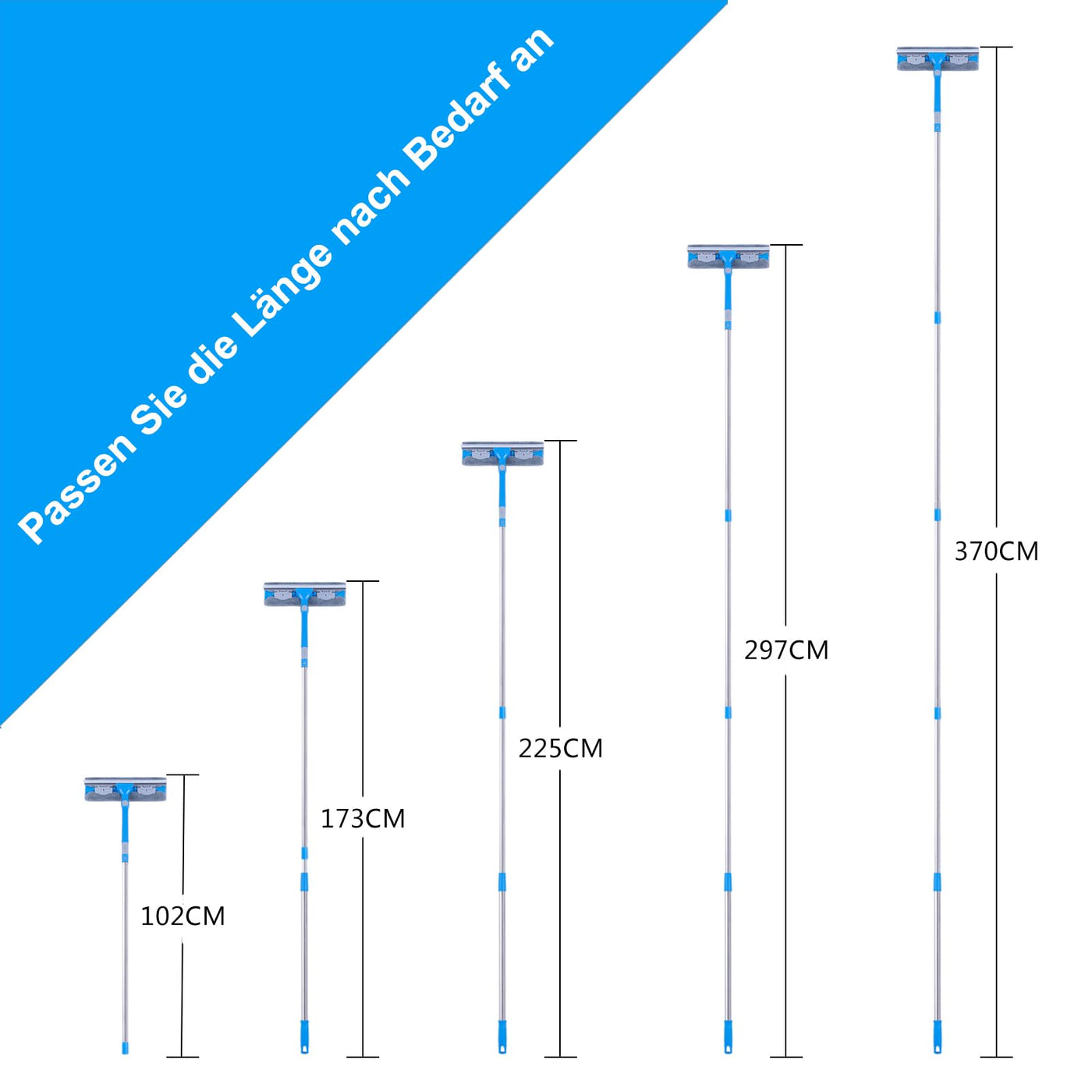 Mitclear 3,7m Teleskop Fensterwischer Abzieher Set, Langer Glas Fensterreiniger mit Verlängerungsstange und Gummilippe (31cm) für hohe Fenster im Innen- und Außenbereich