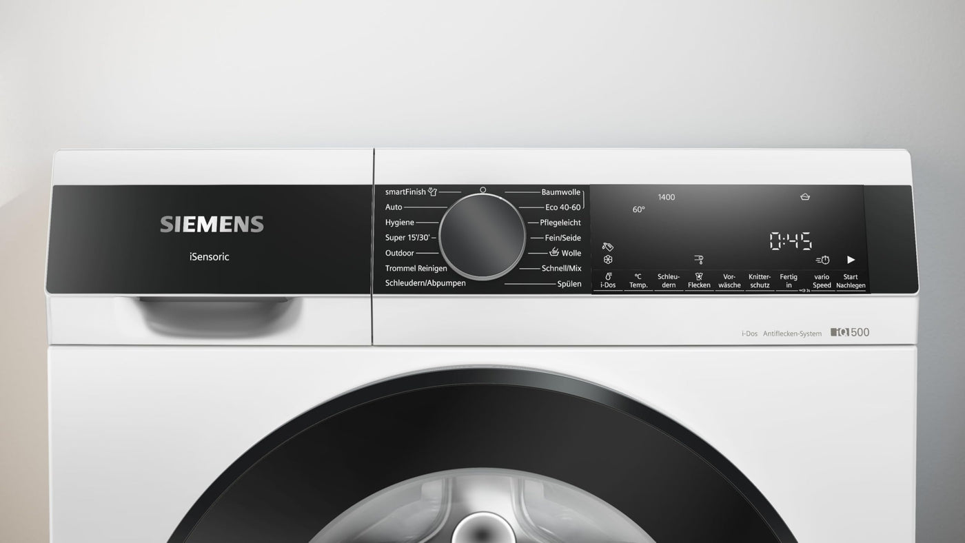 Siemens WG44G2F41, iQ500, Waschmaschine 9 kg, 1400 UpM, automatische Fleckenentfernung, weniger Bügeln mit smartFinish, varioSpeed für schnelles Waschen, i-Dos, Nachlegefunktion, aquaStop, Weiß