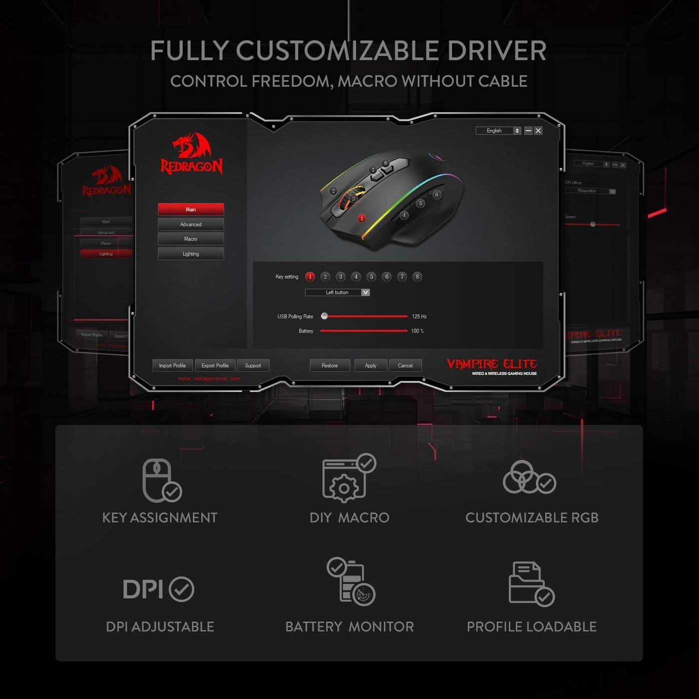 Redragon M686 Vampire Elite Kabellose Gaming Maus, 16000 DPI Kabelgebunde/Kabellose Maus mit Professionellem Sensor, 45-Stunden-Dauerleistung, Anpassbarem Makro und RGB-Hintergrundbeleuchtung