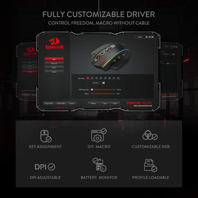 Redragon M686 Vampire Elite Kabellose Gaming Maus, 16000 DPI Kabelgebunde/Kabellose Maus mit Professionellem Sensor, 45-Stunden-Dauerleistung, Anpassbarem Makro und RGB-Hintergrundbeleuchtung
