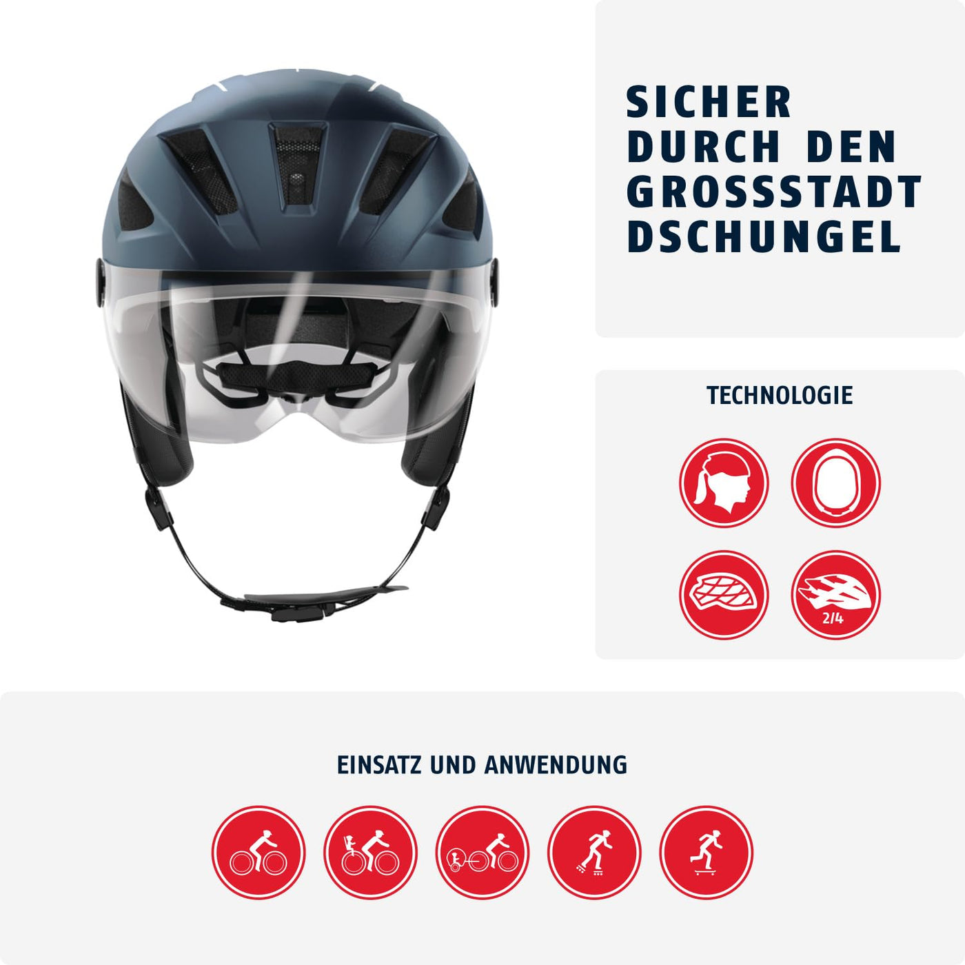 ABUS Stadthelm Pedelec 2.0 ACE - Fahrradhelm mit Rücklicht, Visier, Regenhaube, Ohrenschutz - für Damen und Herren - Blau Matt, Größe L