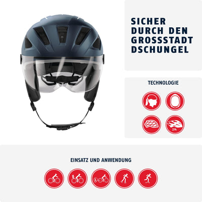 ABUS Stadthelm Pedelec 2.0 ACE - Fahrradhelm mit Rücklicht, Visier, Regenhaube, Ohrenschutz - für Damen und Herren - Blau Matt, Größe L