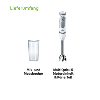 Braun Stabmixer MQ 5200WH - MultiQuick 5 Vario Pürierstab mit Edelstahl Mixfuß, 1000 Watt, inkl. 600 ml Mix- & Messbecher, weiß/grau