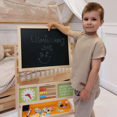 Mamabrum, Spieltafel aus Holz, doppelseitige Kindertafel Magnetisch und Kreide Kindertafel, Doppelseitiges, Zeichenbrett Kinder Tafel, Spieltafel mit Aufbewahrungsregal und Zubehör