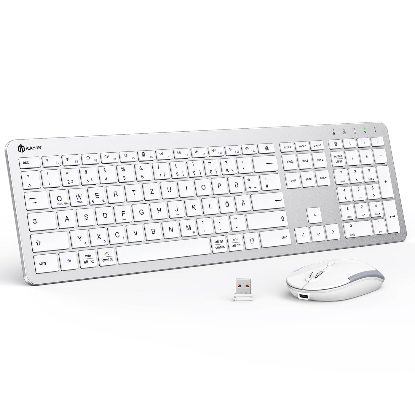 Tastatur Maus Set Kabellos, iClever Wiederaufladbare Funktastatur, Deutsch QWERTZ Layout, 2.4 GHz Funk Tastatur Mouse für PC/Laptop/Smart TV, Weiß und Silber