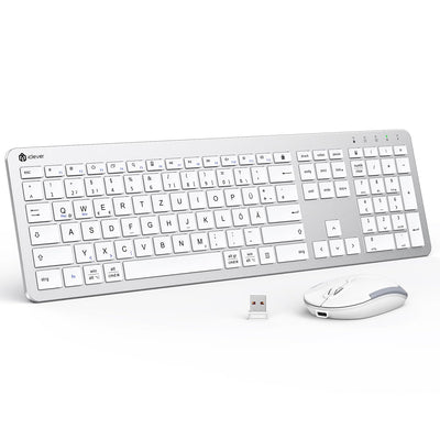 Tastatur Maus Set Kabellos, iClever Wiederaufladbare Funktastatur, Deutsch QWERTZ Layout, 2.4 GHz Funk Tastatur Mouse für PC/Laptop/Smart TV, Weiß und Silber