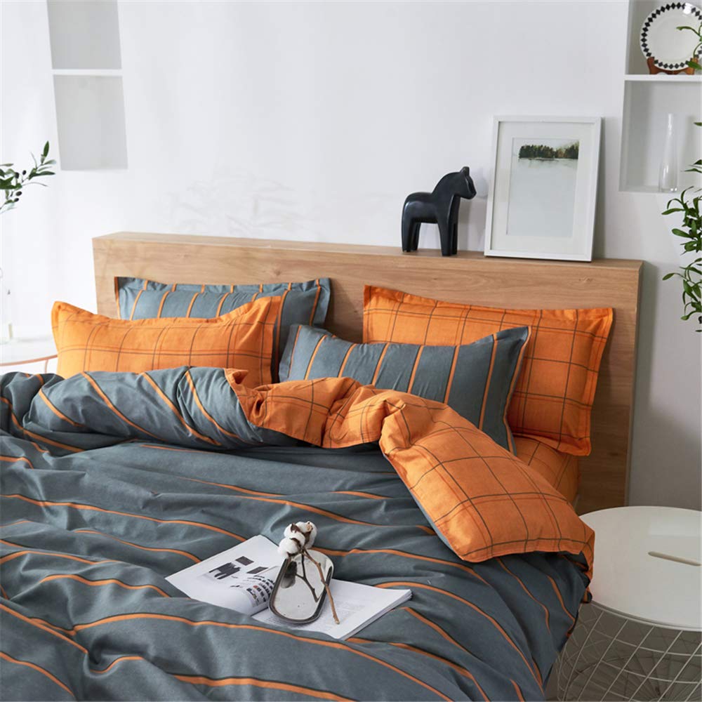 Treer Bettwäsche 180x220 cm 3 Teilig Mikrofaser, Bettwäsche-Sets mit 2 Kissenbezug 50x75 cm, Modern Streifen kariert Bettbezüge, Bettbezug für Doppelbett mit Reißverschluss, Orange/Grau