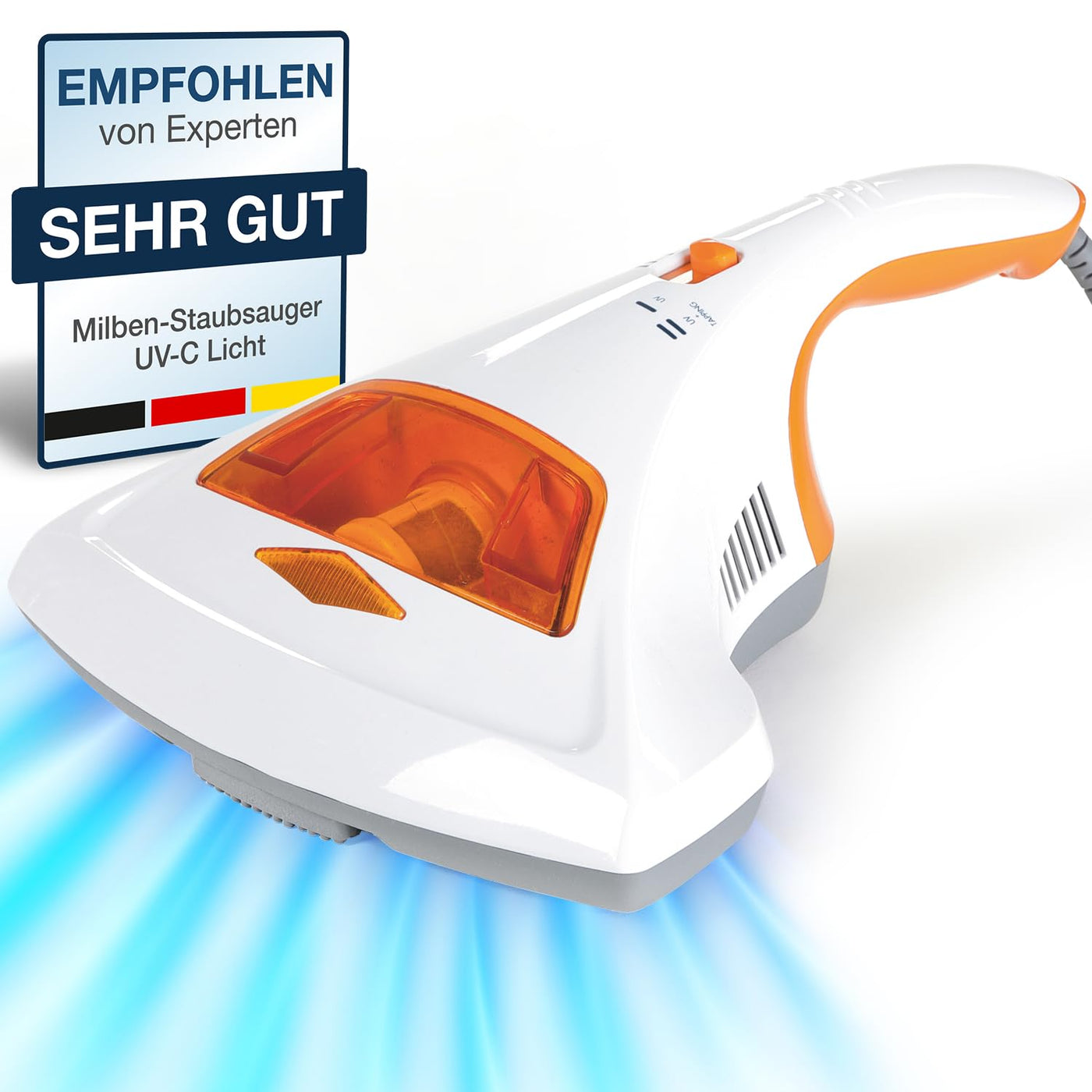 maxVitalis Milben-Handstaubsauger UV-C Licht, Sterilisation u. Reinigung, Matratzensauger, HEPA-Filtration vernichtet bis zu 99,9% Aller Milben, ohne Beutel, Starke Saugleistung, für Allergiker