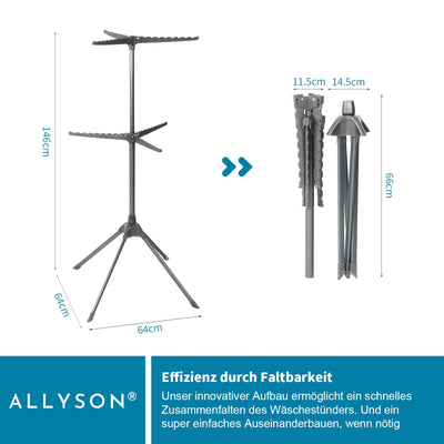 Allyson Wäscheturm - Wäscheständer Ausziehbar für stabiles, rutschfestes und platzsparendes Wäschetrocknen - (65cm x 71cm x 136cm) Platzsparender Wäschetrockner für Innen & Außen