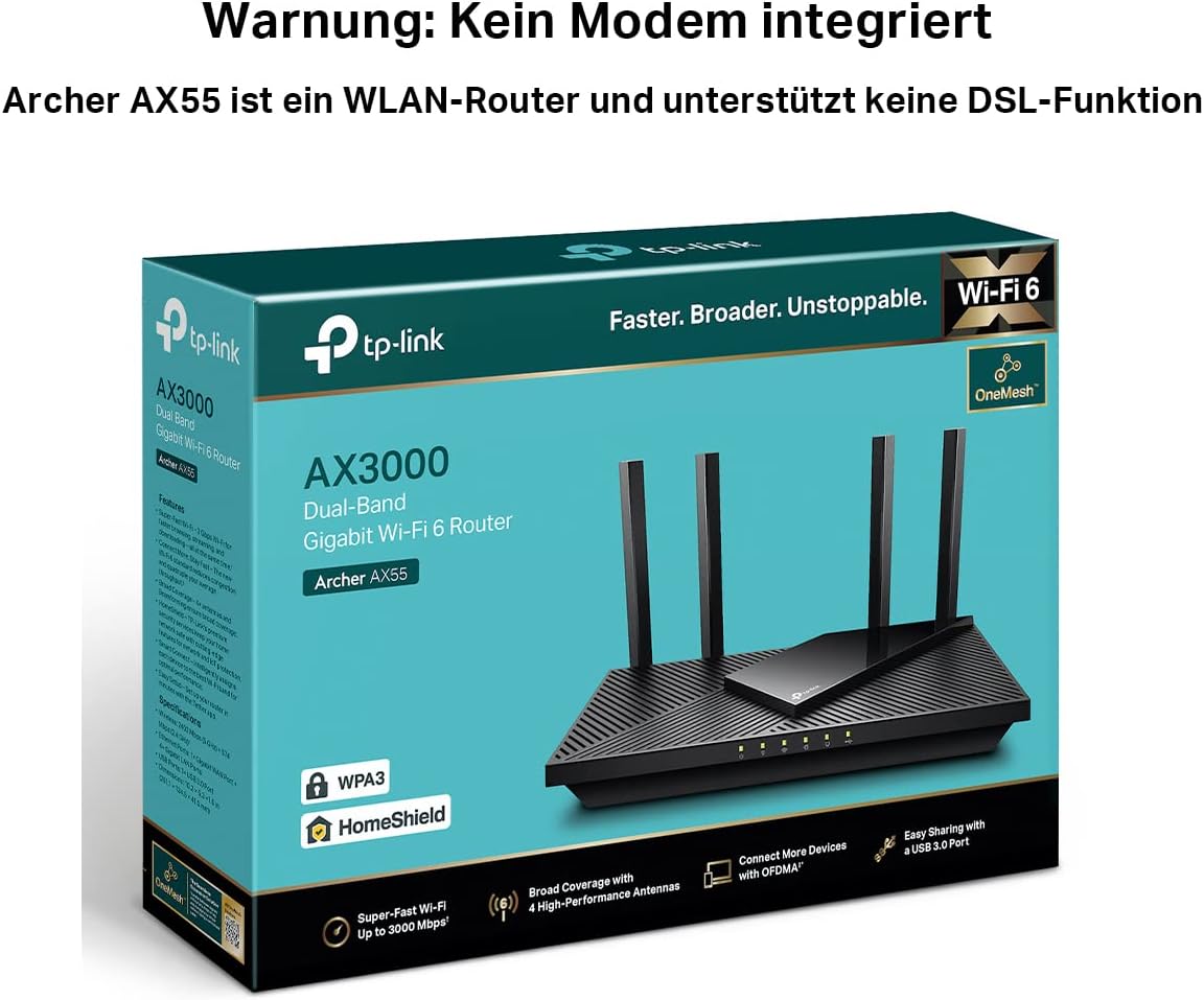 TP-Link Archer AX55 Wi-Fi 6 WLAN Router, 2402 Mbit/s 5 GHz, 574 Mbit/s 2,4 GHz, 4 × Gigabit LAN-Ports, 1 × USB 3.0 Port, unterstützt keine DSL-Funktion, Schwarz