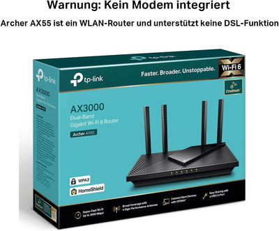 TP-Link Archer AX55 Wi-Fi 6 WLAN Router, 2402 Mbit/s 5 GHz, 574 Mbit/s 2,4 GHz, 4 × Gigabit LAN-Ports, 1 × USB 3.0 Port, unterstützt keine DSL-Funktion, Schwarz