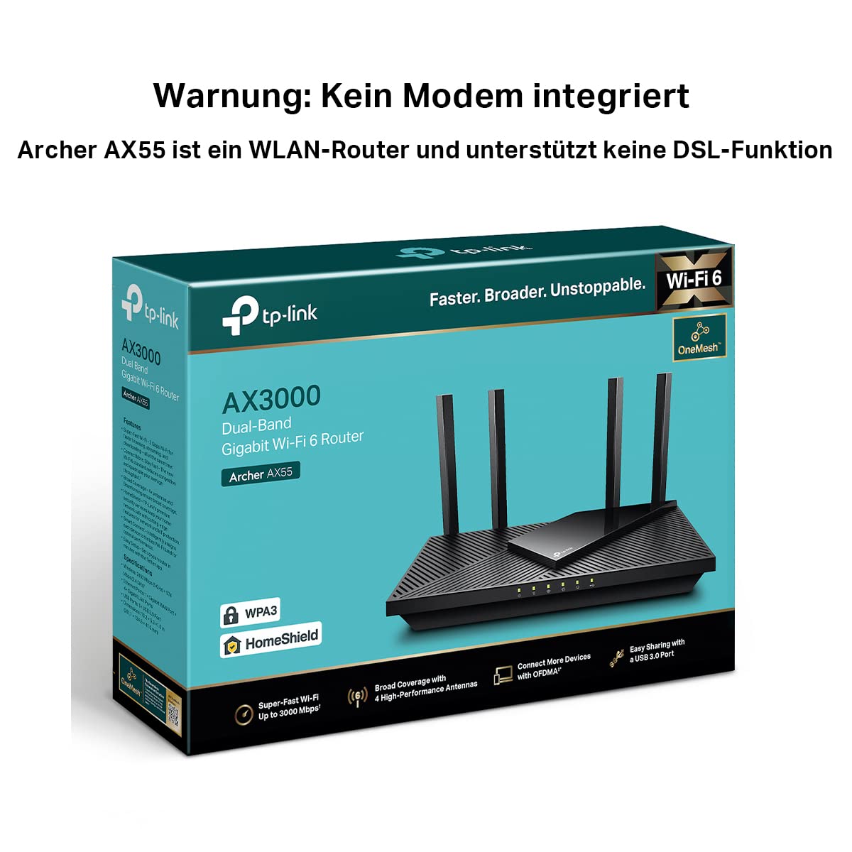 TP-Link Archer AX55 Wi-Fi 6 WLAN Router, 2402 Mbit/s 5 GHz, 574 Mbit/s 2,4 GHz, 4 × Gigabit LAN-Ports, 1 × USB 3.0 Port, unterstützt keine DSL-Funktion, Schwarz