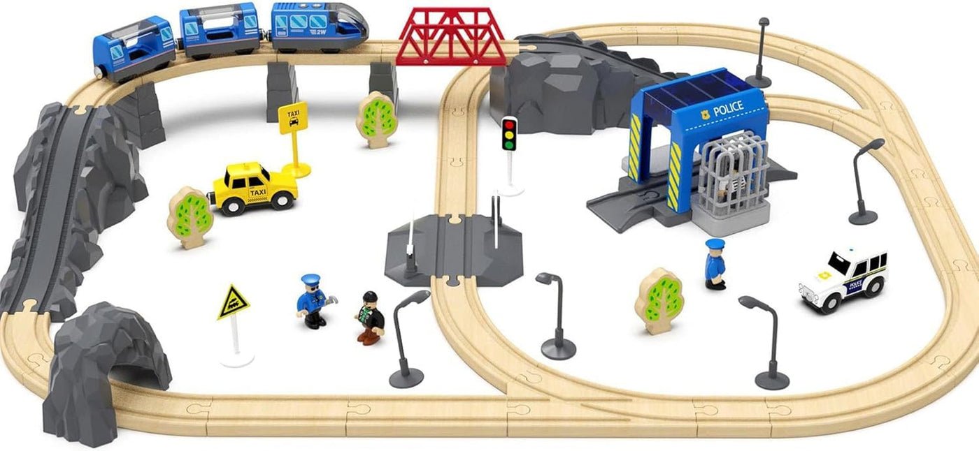 Zuoan Batteriebetriebener Zug für Holzeisenbahn-Schienenset, Spielzeug für Kleinkinder im Alter von 3 4 5 Jahren, Jungen, Kinder, Magnetkupplungen, Stadtfahrzeug mit Figuren (ohne Holz-gleise)