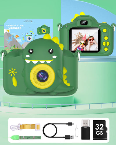 Kinderkamera, Gofunly Kinder Kamera 1080P 2,0-Zoll-Bildschirm Fotoapparat mit 32GB-Karte Selfie Digitalkamera Fotokamera für 3-12 Jahre Jungen und Mädchen Weihnachten Spielzeug - Grün Dinosaurier