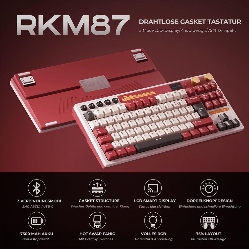 RK ROYAL KLUDGE M87 Mechanische Tastatur Kabellos mit Display und Doppelknopf, Gasket 75% Gaming Tastatur TKL, QWERTZ Bluetooth/2.4Ghz/USB-C RGB QMK/VIA, 7500 mAh, Hot Swap Linear Creamy Switches