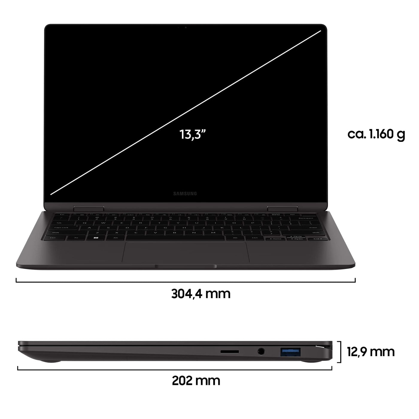 Samsung Galaxy Book3 360 Laptop, 13" Full HD 60Hz Display, TOUCHSCREEN, AMOLED, Intel Core i7-1360P, 16GB RAM, 512GB SSD, Windows 11, QWERTZ Tastatur, Graphite, Inklusive 36 Monate Herstellergarantie