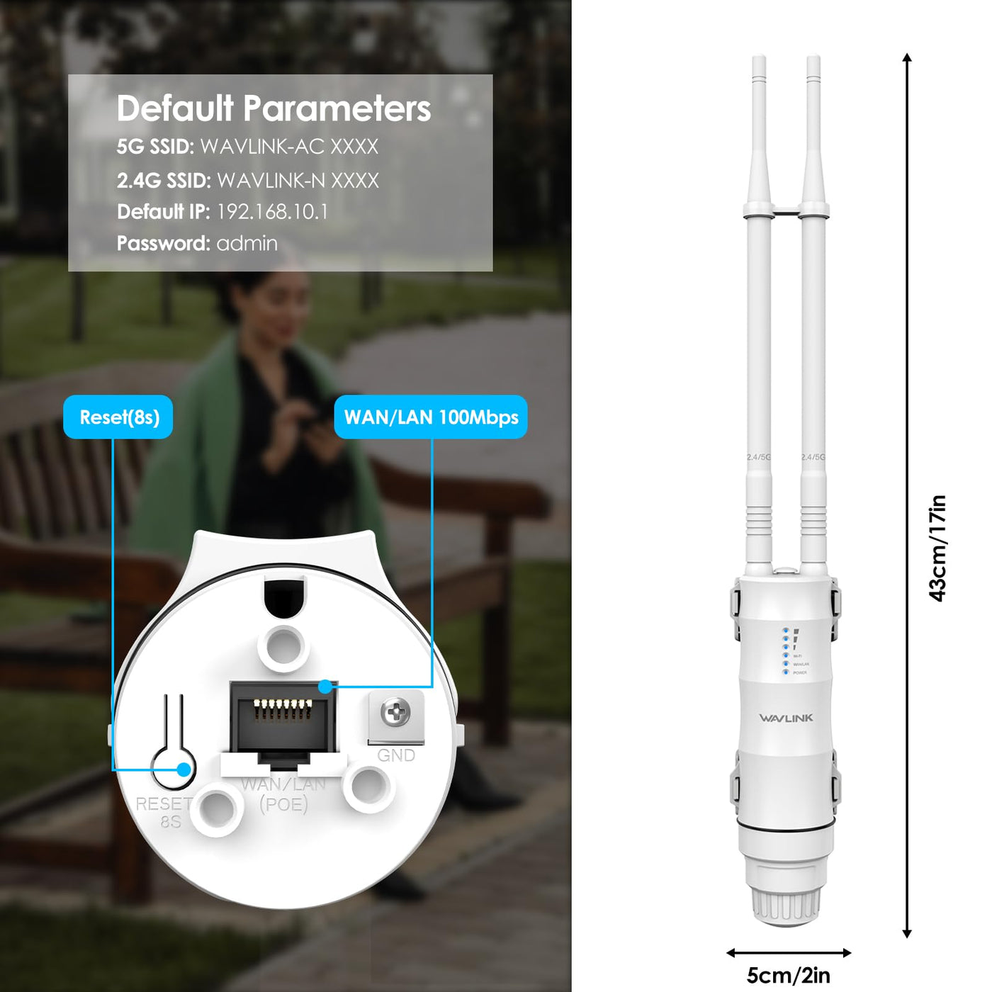 WAVLINK AC1200 Outdoor WLAN Repeater, wetterfester 1200Mbit/s WLAN Access Point/Verstärker unterstützt Passive/Active PoE, AP/Router/Repeater Modi, 100Mbit/s WAN/LAN, WPA2, EU-Netzteil