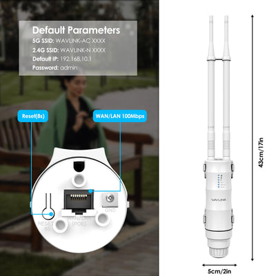 WAVLINK AC1200 Outdoor WLAN Repeater, wetterfester 1200Mbit/s WLAN Access Point/Verstärker unterstützt Passive/Active PoE, AP/Router/Repeater Modi, 100Mbit/s WAN/LAN, WPA2, EU-Netzteil