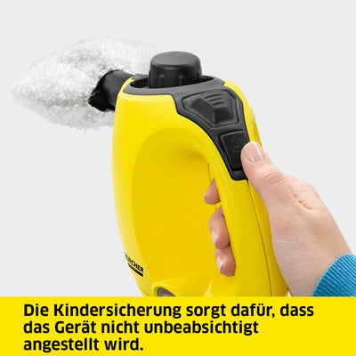 Kärcher Dampfreiniger SC 1, Dampfdruck: 3 bar, Aufheizzeit: 3 min., Leistung: 1.200 W, Flächenleistung: 20 m², Tank: 200 ml, mit Hand-, Punktstrahl- und Powerdüse, Mikrofaser-Überzug und Rundbürste