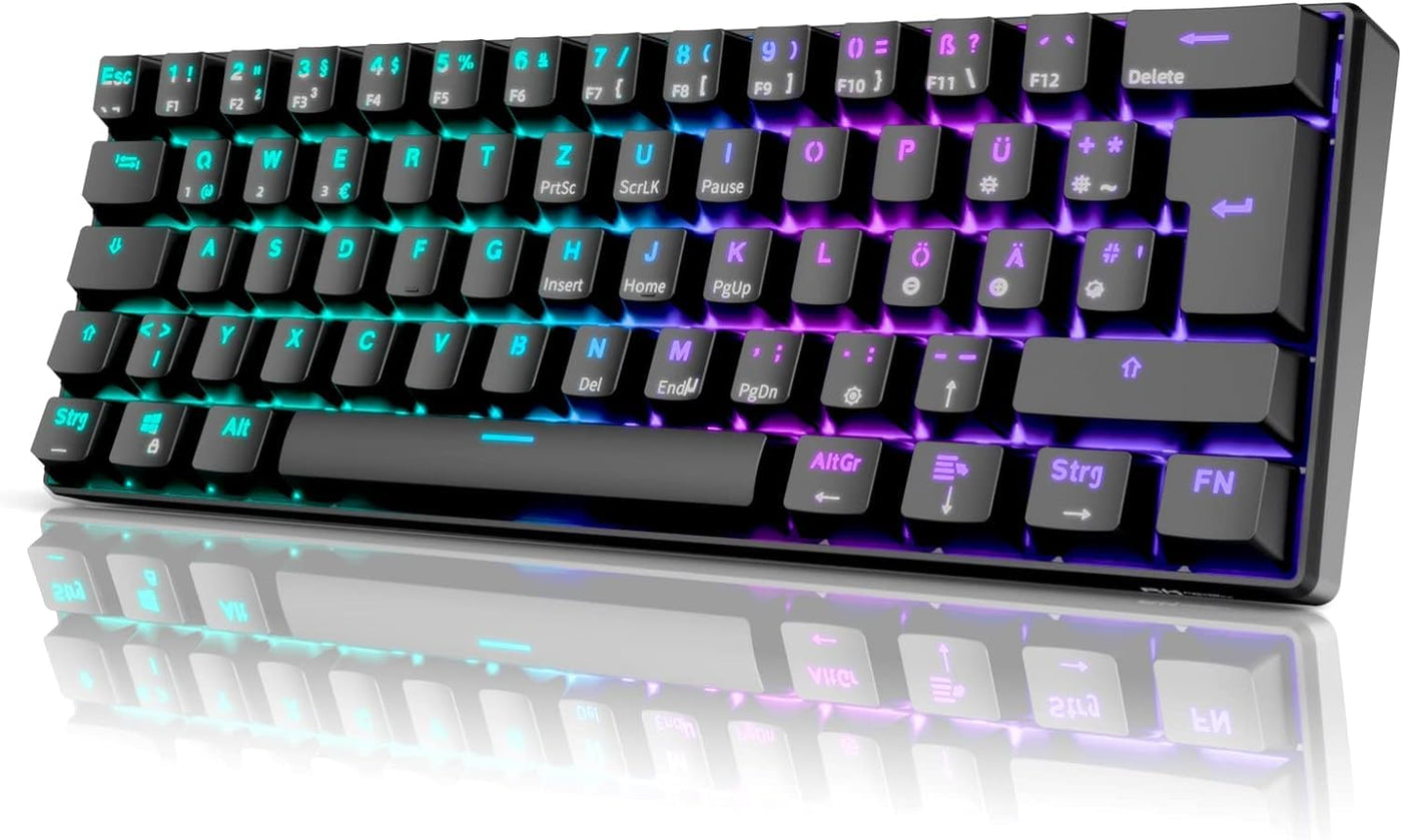 RK ROYAL KLUDGE RK61 Mechanische Tastatur 2,4 GHz Kabellose/Bluetooth/Verkabelte 60% Gaming Tastatur RGB-Beleuchtung Hot-Swap-fähiger Blauer Schalter, Kompatibel für Win/Mac, Schwarz (QWERTZ)