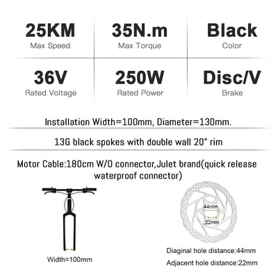 YOSE POWER Elektrofahrräder Hub Motor Front Wheel 36V250W 20" Fahrrad E-Bike Conversion Kit 20 Zoll schwarz mit LCD Display