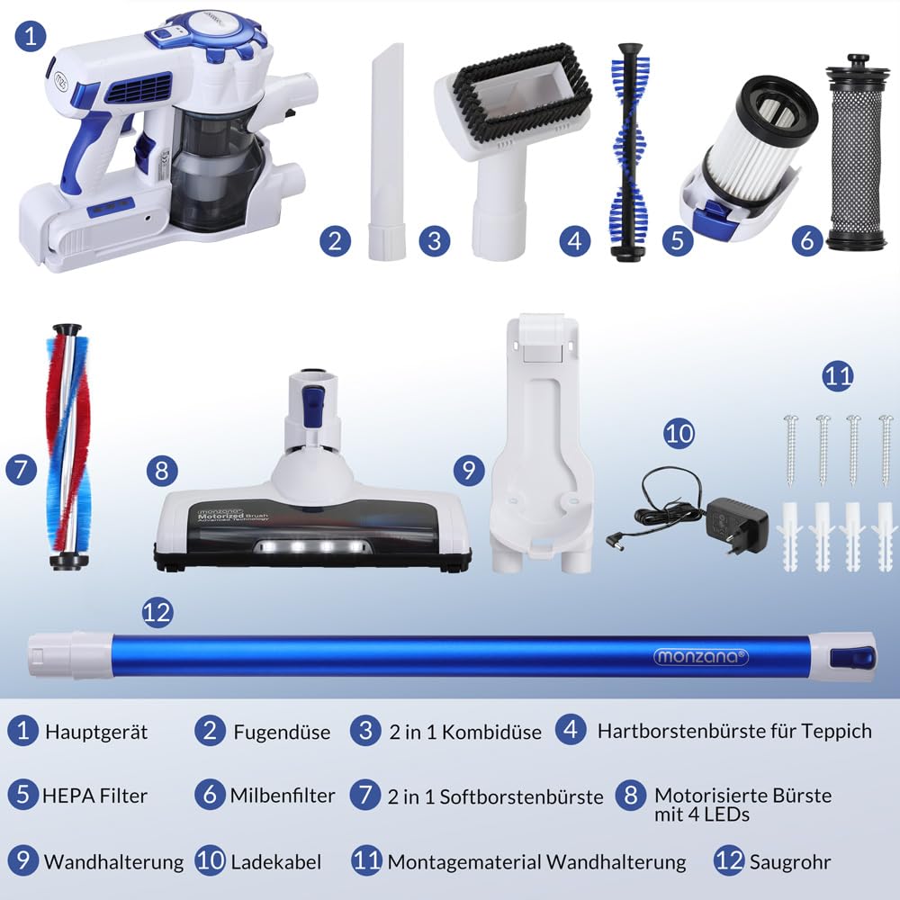 Monzana® Akku Staubsauger Kabellos Schnellladefunktion Beutellos 40min Handstaubsauger Stabstaubsauger Teppich Tierhaare Auto HEPA Filter Blau