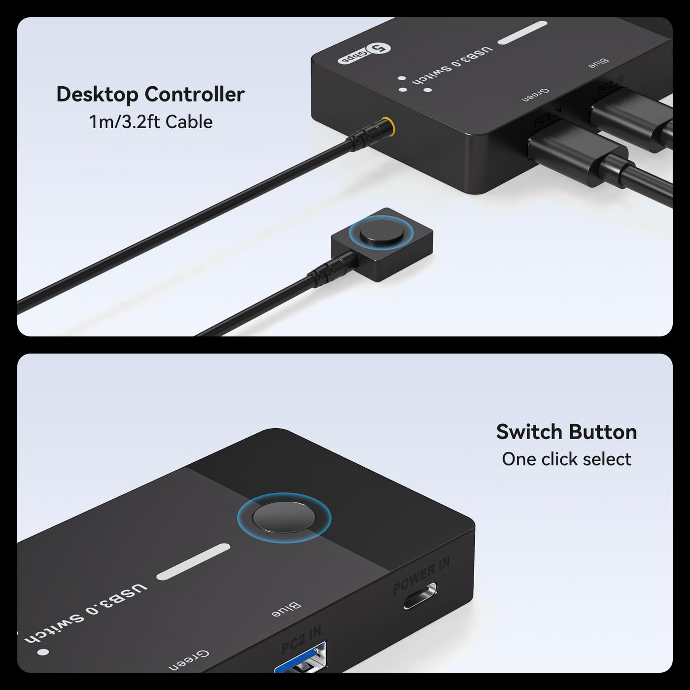 AILVLVNG USB 3.0 Switch 2 PC Sharing USB C & A Geräte, USB Schalter 2 In 4 Out Sharing Tastatur Maus und Drucker USB Umschalter für 2 Computer mit Desktop Controller und 2 USB 3.0 Kabel