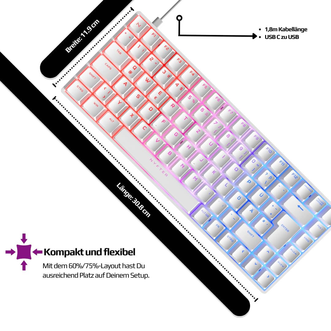 Nyfter - 75% Gaming Keyboard - NYFBOARD GEN2 Gaming Computer Tastatur mit Gateron Yellow Switches - HOT-SWAPPABLE mechanisch RGB-Hintergrundbeleuchtung ISO-DE Layout für Gamer (White, 75%)