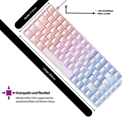 Nyfter - 75% Gaming Keyboard - NYFBOARD GEN2 Gaming Computer Tastatur mit Gateron Yellow Switches - HOT-SWAPPABLE mechanisch RGB-Hintergrundbeleuchtung ISO-DE Layout für Gamer (White, 75%)