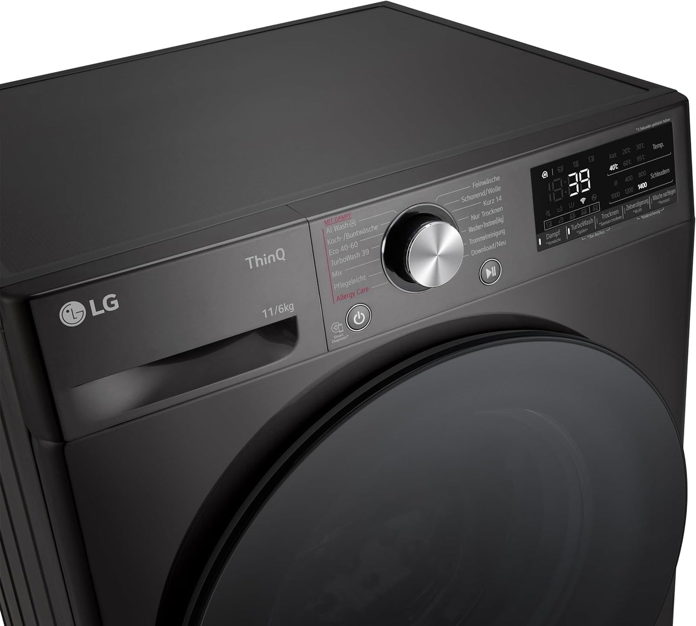 LG W4WR70E6YB, Frontlader-Waschtrockner 11 - 6 kg, Klasse A/D, 60x62x85 cm, Wi-Fi, AI Direct Drive, Tiefenreinigung mit Dampf, TurboWash 360, Große Kapazität, Außentür aus gehärtetem Glas, Schwarz