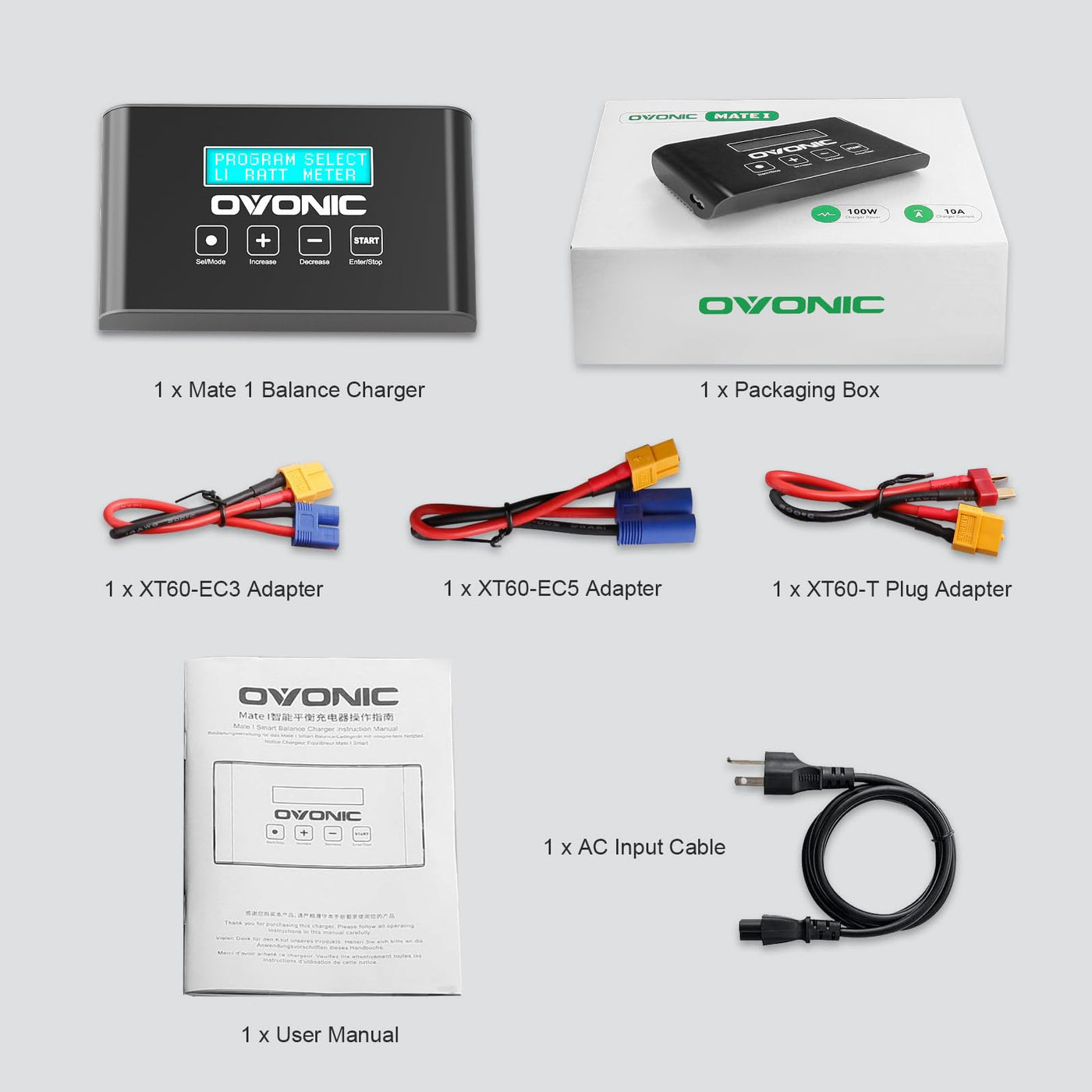 OVONIC Mate1 Lipo Batterieladegerät 100W 10A 1s-6s Smart RC Batterieladegeräte mit XT60 Balance Ladegerät Kompatibel für 1-6s LiPo/Life, 3-18S NiMH (Verbesserte Version - Ohne Balance Board)